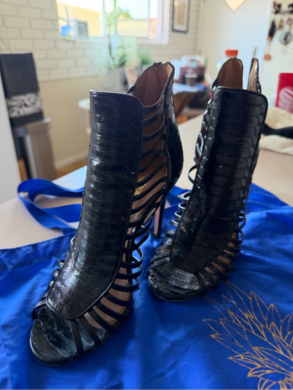 Aquazzura Follow Me Black Croc-Embossed Cutout Stiletto Booties